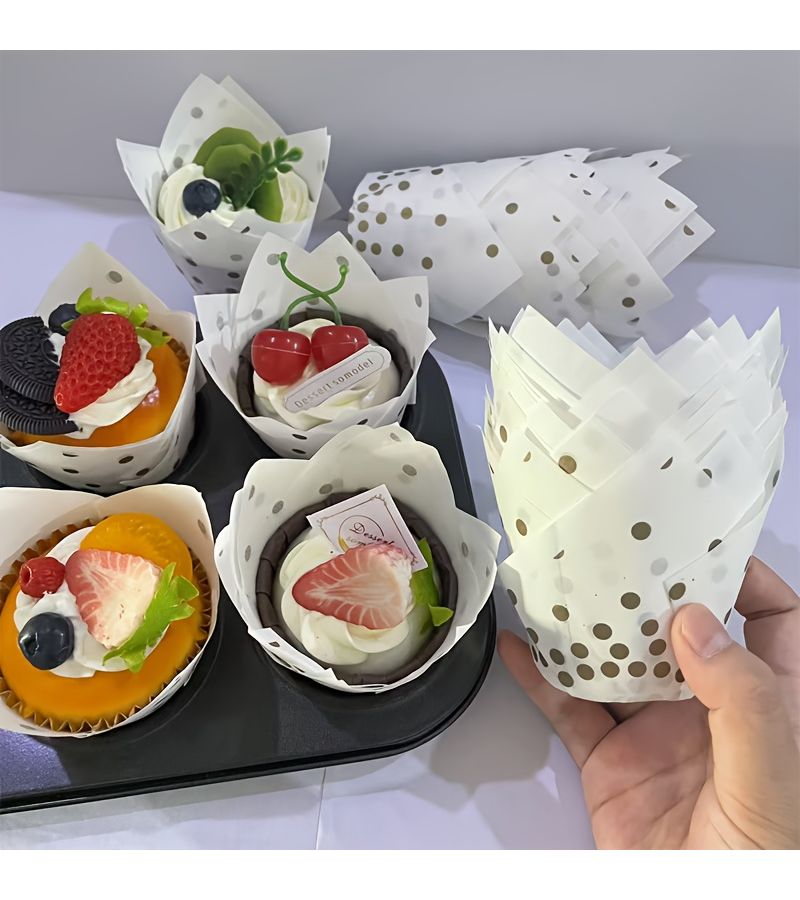 100pcs Golden Dot Tulip Greaseproof Baking Cups Cake Paper for Weddings Festivals Birthday Parties - Image 1