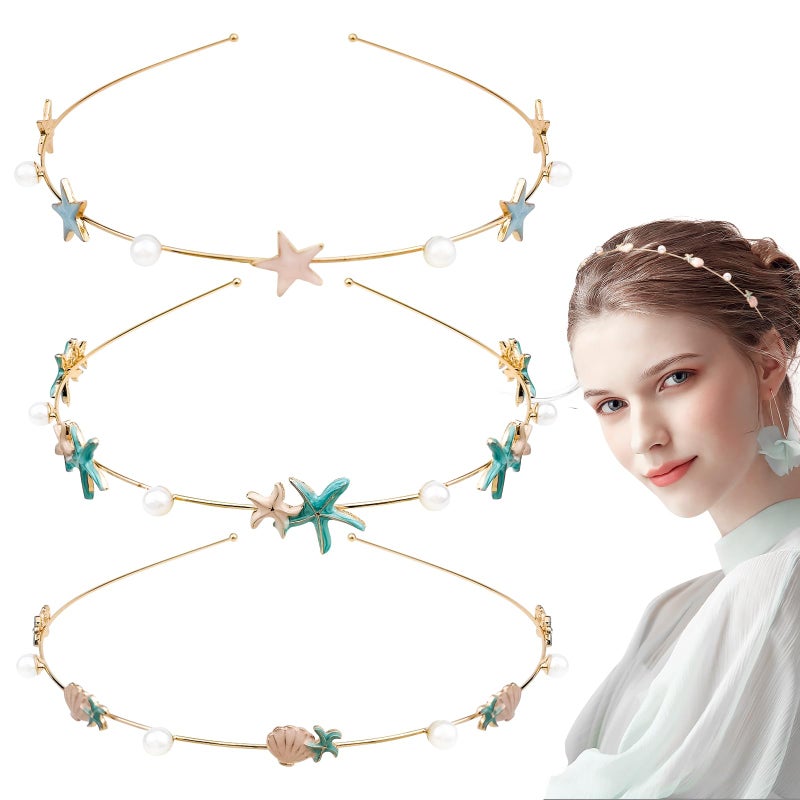 DonLeeving 3 Pack Rhinestone Crystal Starfish & Mermaid Headbands - Handmade Pearl Seashell Fashion Beaded Gold Metal Headdress Hair Accessories for Girls & Women - Image 1
