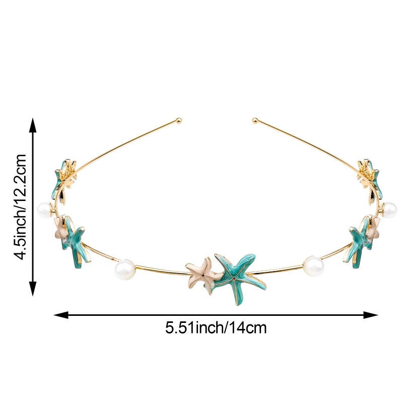 DonLeeving 3 Pack Rhinestone Crystal Starfish & Mermaid Headbands - Handmade Pearl Seashell Fashion Beaded Gold Metal Headdress Hair Accessories for Girls & Women - Image 2