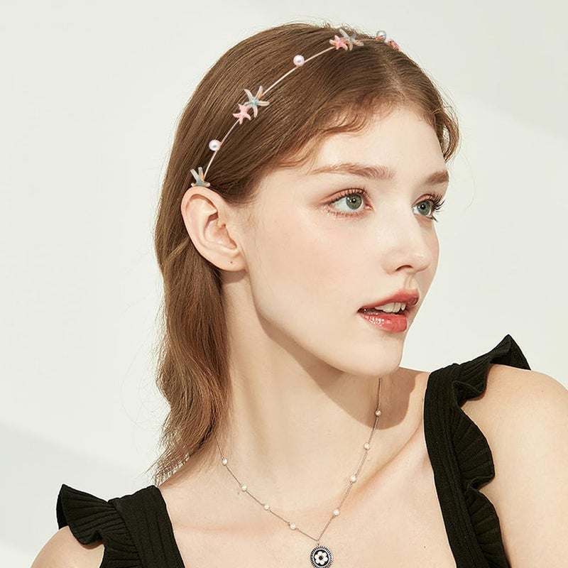 DonLeeving 3 Pack Rhinestone Crystal Starfish & Mermaid Headbands - Handmade Pearl Seashell Fashion Beaded Gold Metal Headdress Hair Accessories for Girls & Women - Image 5
