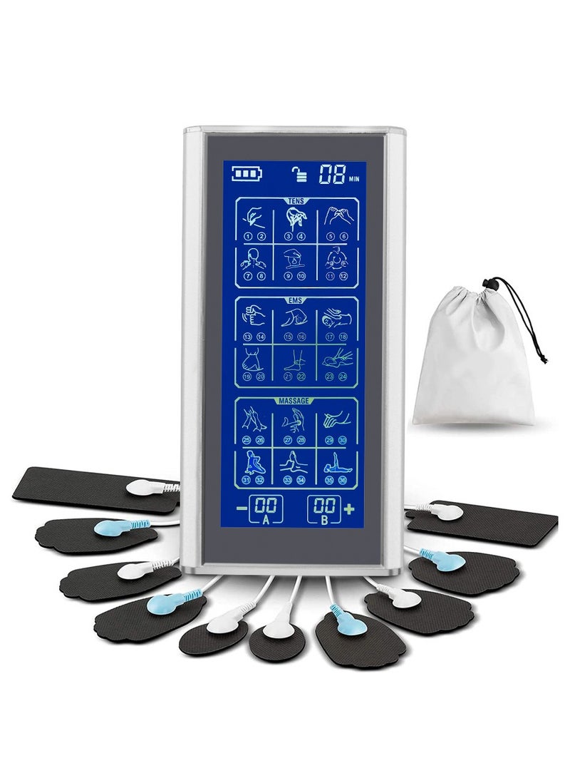 MHD 36 Modes Dual Channel TENS Muscle Stimulator EMS Pulse Rechargeable Full Body Massage Acupuncture Machine with 10 Pads Silver - Image 1