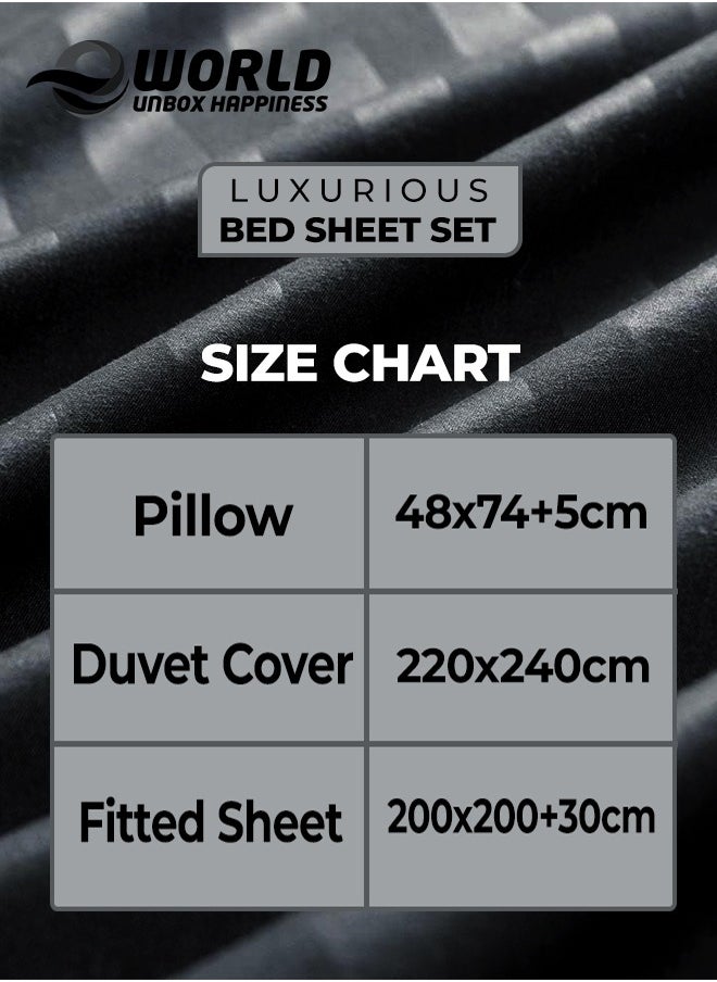Eworld 4-Piece Luxury King Size Black Striped Bedding Set Includes 1 Duvet Cover (220x240cm), 1 Fitted Bed Sheet (200x200+30cm), and 2 Pillow Cases (48x74+5cm) for Ultimate Hotel-Inspired Sophistication  - Image 2