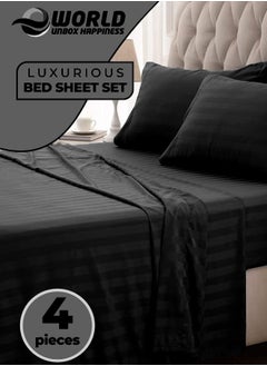 Eworld 4-Piece Luxury King Size Black Striped Bedding Set Includes 1 Duvet Cover (220x240cm), 1 Fitted Bed Sheet (200x200+30cm), and 2 Pillow Cases (48x74+5cm) for Ultimate Hotel-Inspired Sophistication  - Image 1