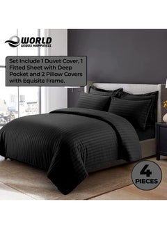 Eworld 4-Piece Luxury King Size Black Striped Bedding Set Includes 1 Duvet Cover (220x240cm), 1 Fitted Bed Sheet (200x200+30cm), and 2 Pillow Cases (48x74+5cm) for Ultimate Hotel-Inspired Sophistication  - Image 4