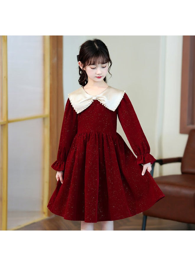 Luobobeibei Girls' Red Long Sleeve Princess Dress Autumn Piano Performance Dress Size 130 - Image 2