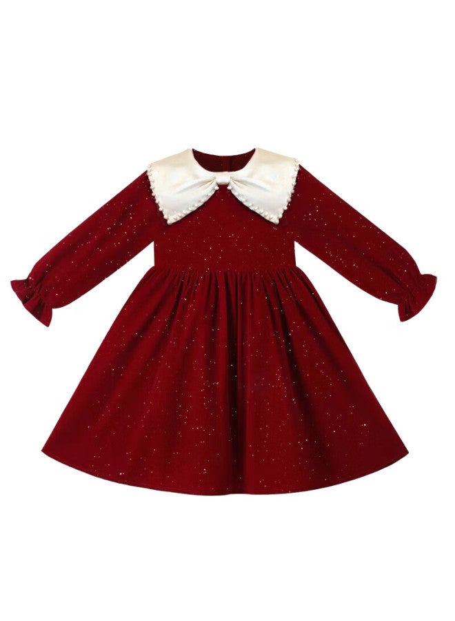 Luobobeibei Girls' Red Long Sleeve Princess Dress Autumn Piano Performance Dress Size 130 - Image 5