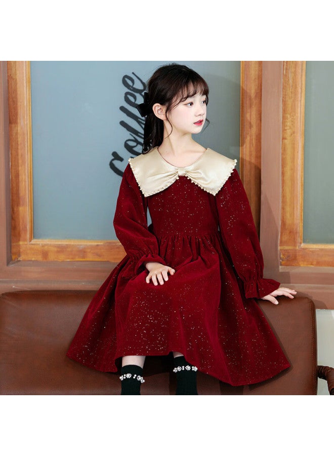 Luobobeibei Girls' Red Long Sleeve Princess Dress Autumn Piano Performance Dress Size 130 - Image 3