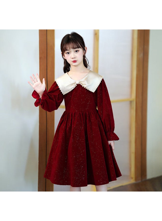 Luobobeibei Girls' Red Long Sleeve Princess Dress Autumn Piano Performance Dress Size 130 - Image 4