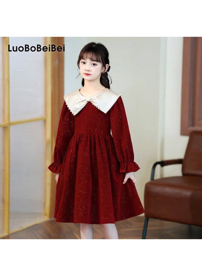 Luobobeibei Girls' Red Long Sleeve Princess Dress Autumn Piano Performance Dress Size 130 - Image 1