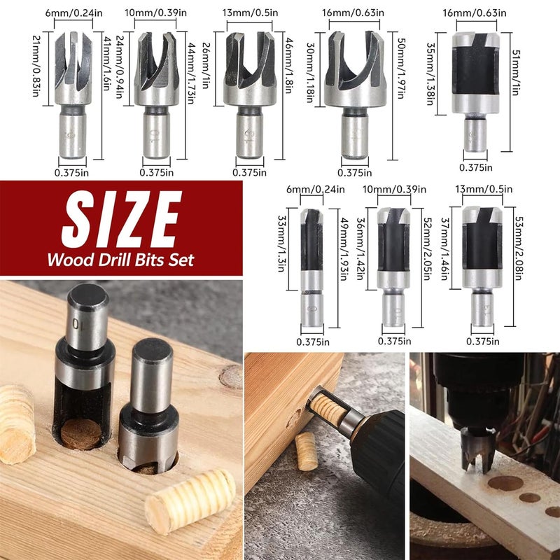 findmall 8Pcs Wood Plug Cutter Drills Bit Set (5/8", 1/2", 3/8", 1/4") Straight and Tapered Taper, Carbon Steel Woodworking Cutting Tool - Image 3