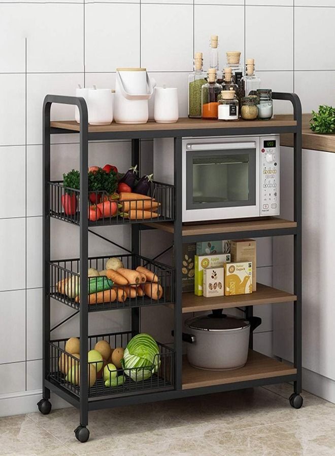 Upgraded Multi-Functional Compatible Design Movable Kitchen Storage Rack Utility Microwave Oven Stand Metal Frame 15 mm Thick Wood Sheet with 4 Lockable Wheels Household Storage Stand 90x30x103 Centimeter