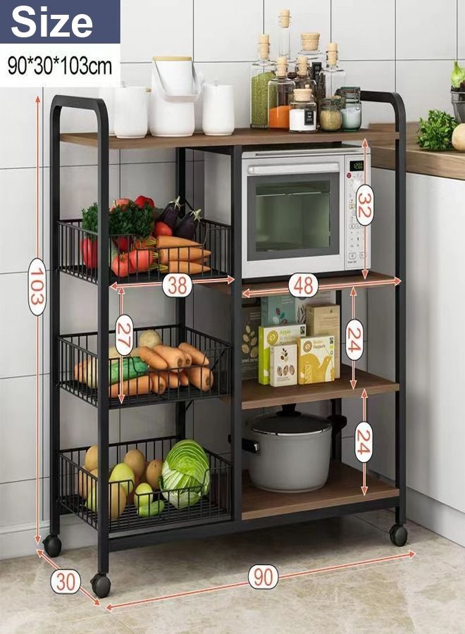 Upgraded Multi-Functional Compatible Design Movable Kitchen Storage Rack Utility Microwave Oven Stand Metal Frame 15 mm Thick Wood Sheet with 4 Lockable Wheels Household Storage Stand 90x30x103 Centimeter