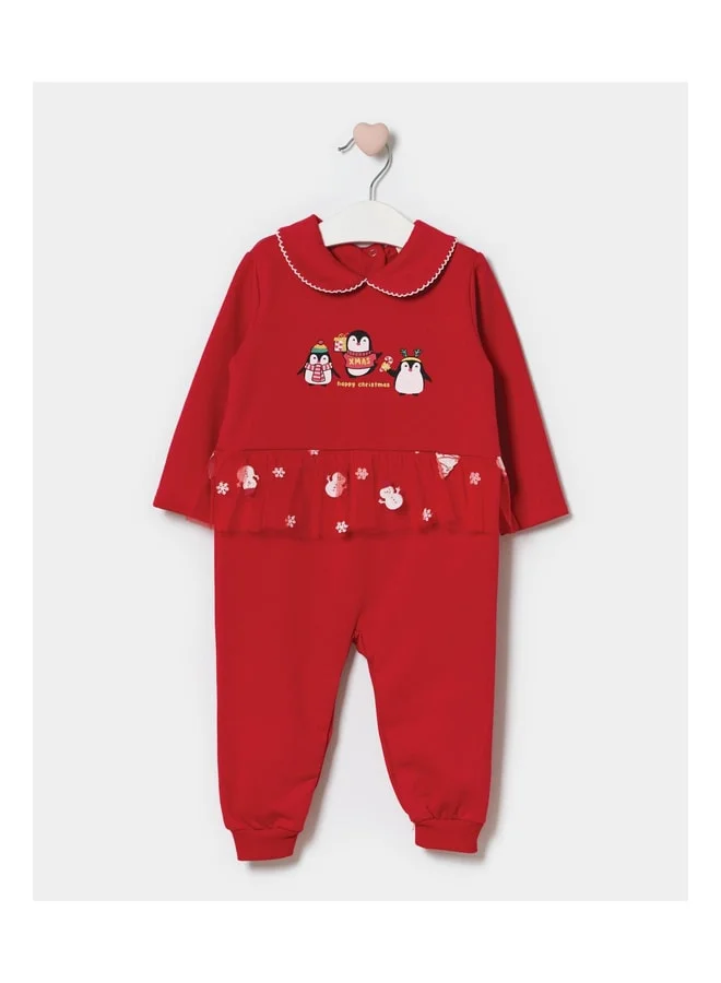 Magu Red Cotton Penguin-Themed Christmas Romper for Baby Girls - With Ruffled Tulle Skirt Detail.