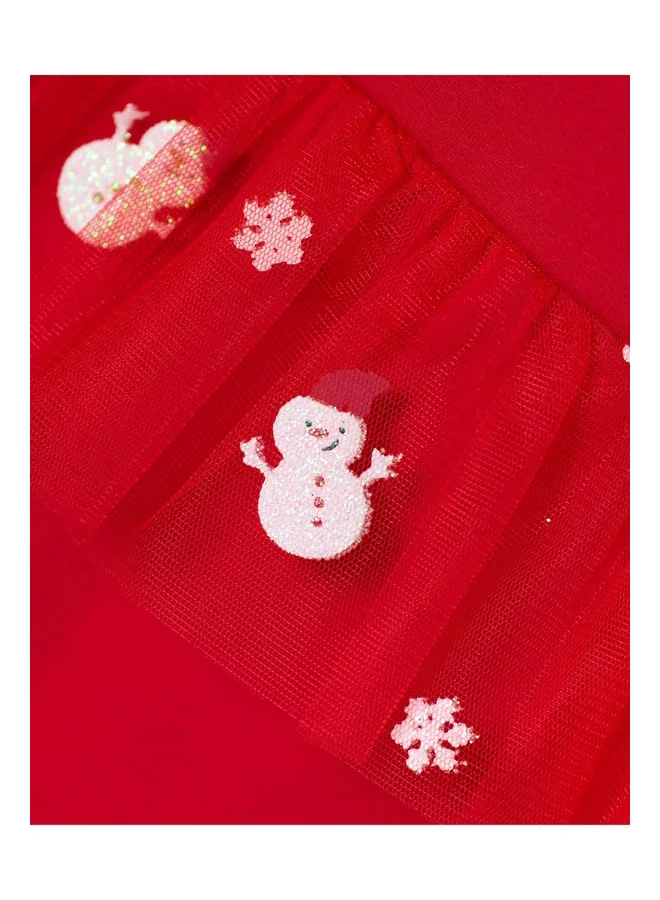 Magu Red Cotton Penguin-Themed Christmas Romper for Baby Girls - With Ruffled Tulle Skirt Detail.