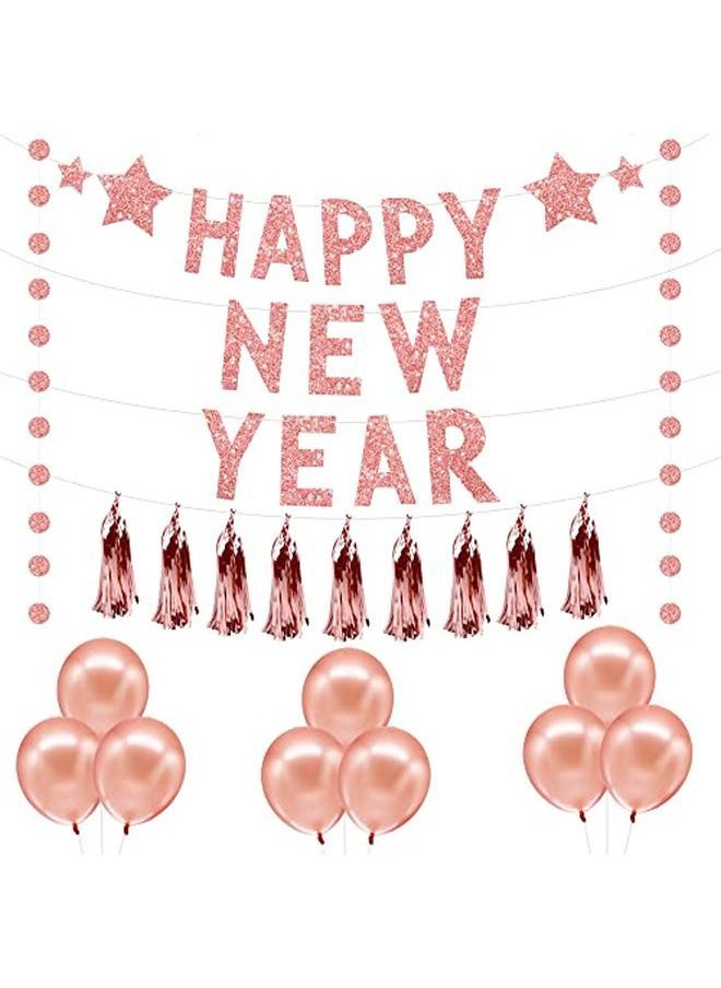 KATCHON Rose Gold Happy New Year Decorations 2022 Glitter Happy New Year Banner With Circle Garland No Diy | Happy New Year Sign New Years Decorations | New Years Eve Party Supplies 2022 Nye Decorations  - Image 1