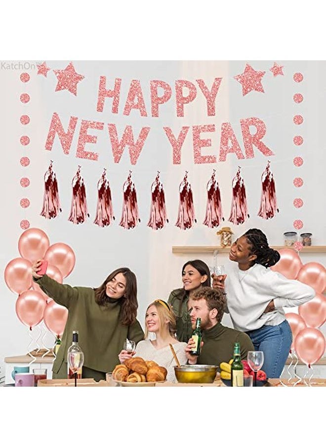 KATCHON Rose Gold Happy New Year Decorations 2022 Glitter Happy New Year Banner With Circle Garland No Diy | Happy New Year Sign New Years Decorations | New Years Eve Party Supplies 2022 Nye Decorations  - Image 3