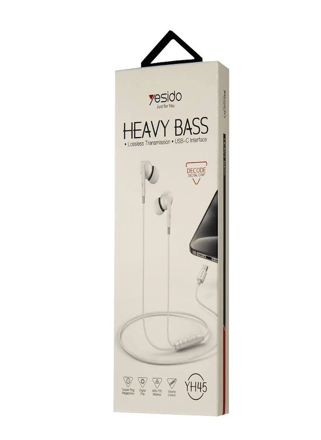 Yesido YH45 Wired Control Earphone with Ergonomic Design, 3 Buttons and Type-C Connector - White