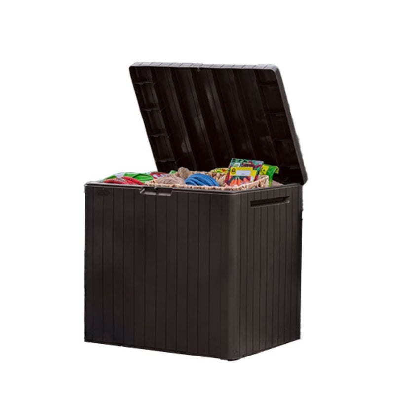 Keter City 30 Gallon Resin Outdoor Storage Box and Patio Furniture Side Table for Pool and Garden Accessories, Brown - Image 1