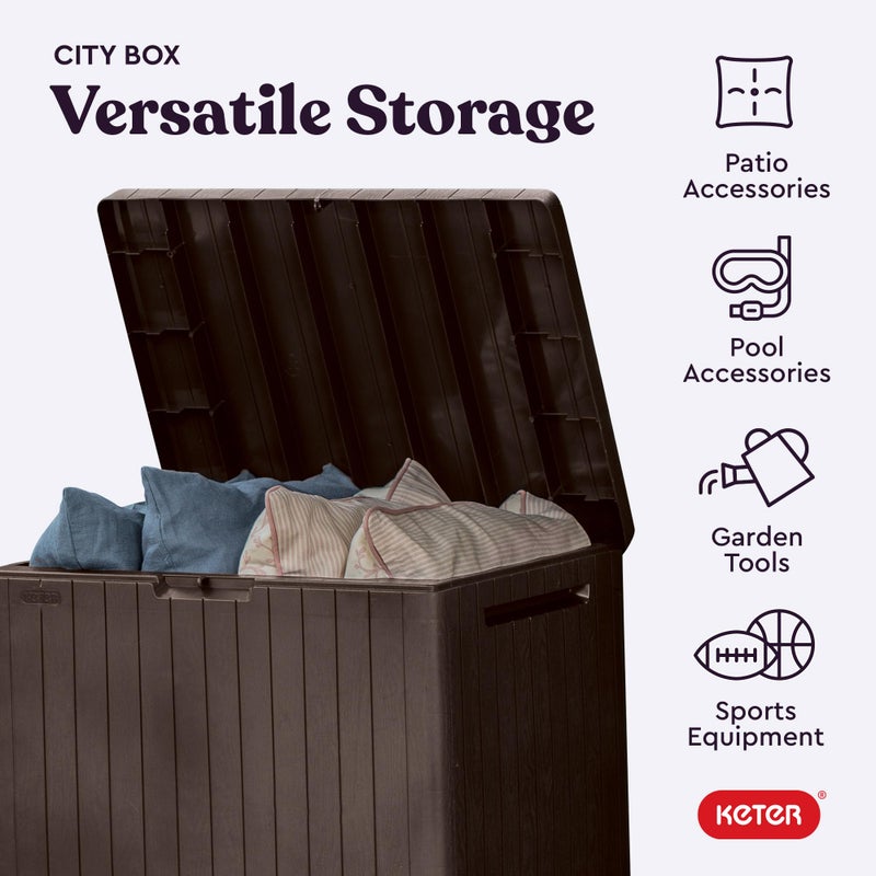 Keter City 30 Gallon Resin Outdoor Storage Box and Patio Furniture Side Table for Pool and Garden Accessories, Brown - Image 4