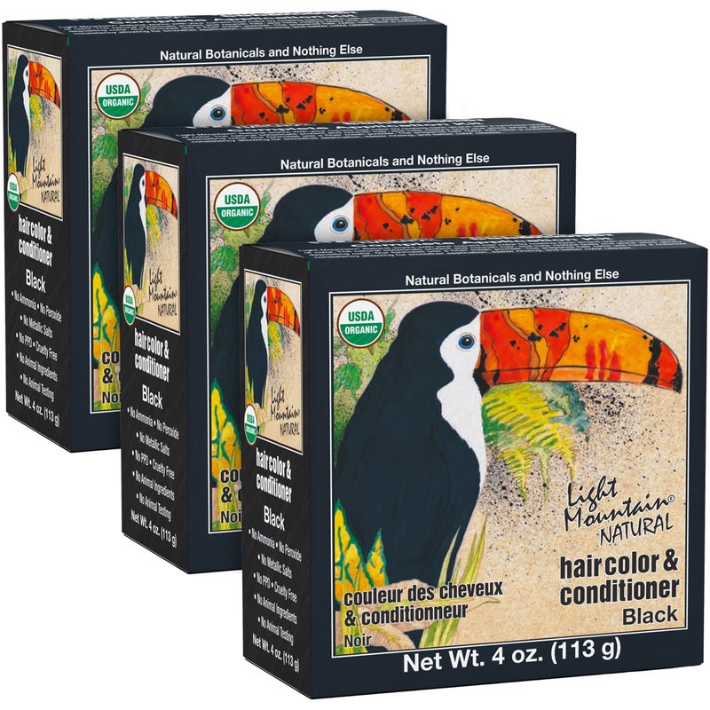 صبغة شعر الحناء من لايت ماونتن - بلسم صبغة شعر أسود للرجال والنساء - مسحوق أوراق الحناء العضوي والنباتات - خالي من المواد الكيميائية - صبغة شعر شبه دائمة 4 أونصات - عبوة من 3