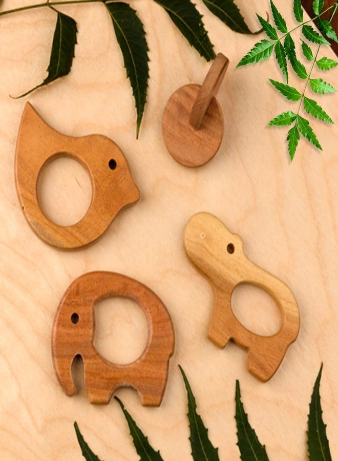BrainyTots Soft Neem Wood 4 Teethers Set for 3 Months - 1 Year, Montessori Baby Teething Toy for Babies with Textured Surface for Soothing Gums | Non-Toxic, Natural, Easy-to-Hold Shapes | Soothes Gums, Builds Grip & Hand–Eye Coordination | For Newborns & Infants - Image 1
