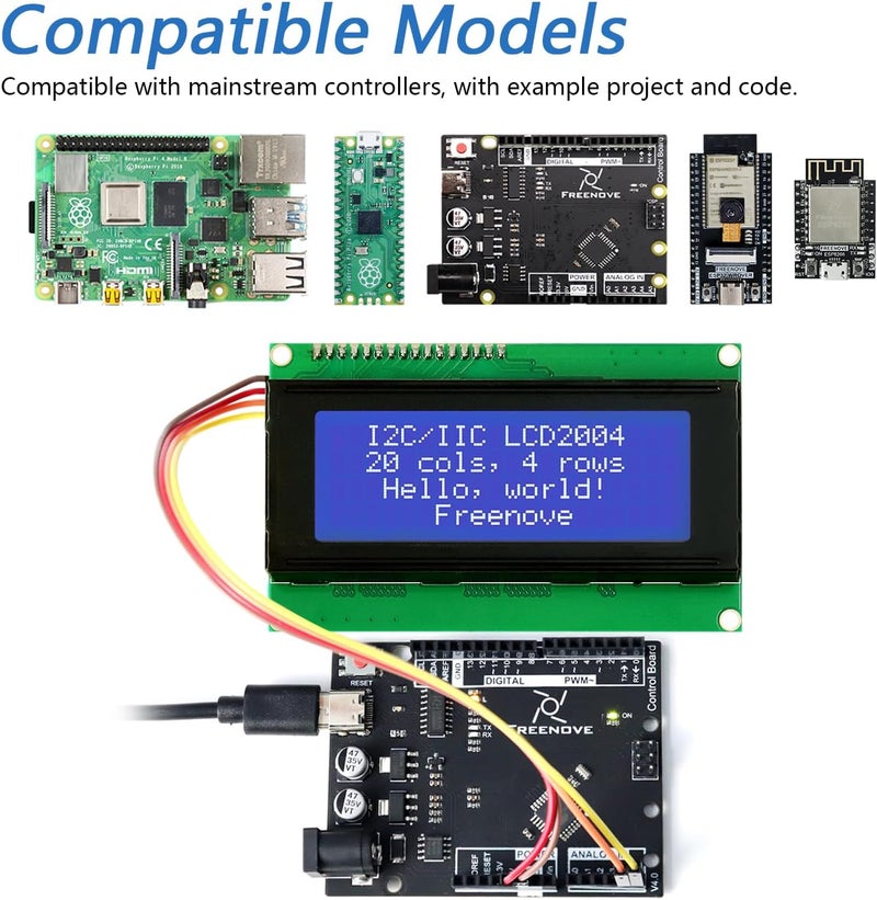 FREENOVE I2C IIC LCD 2004 Module, TWI Serial 20x4 Display, Compatible with Arduino Raspberry Pi Pico ESP32 ESP8266 - Image 3