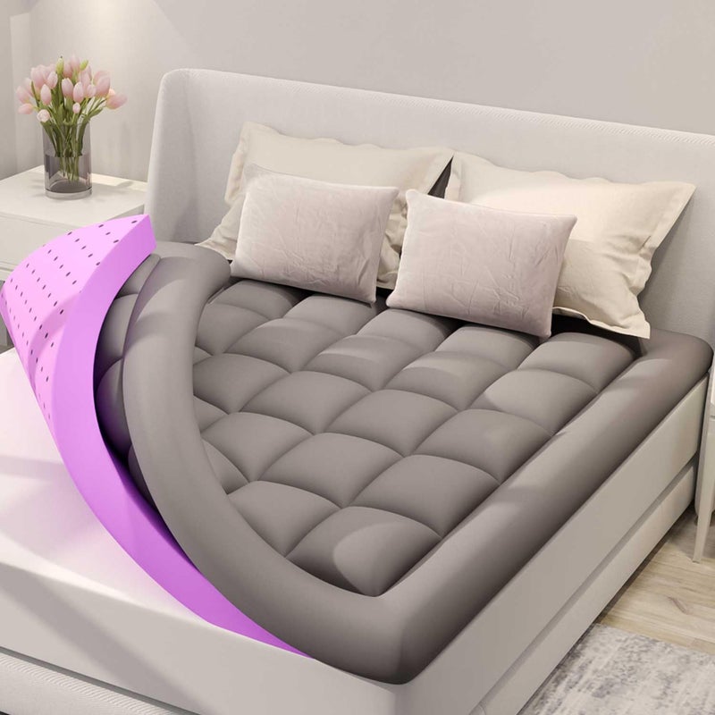 BDEUS Dual Layer 5 Inch Memory Foam Mattress Topper Queen Size, 2 Inch Gel Memory Foam Plus 3 Inch 1450 GSM Down Alternative Quilted Pillow Top Mattress Pad Cover,Dark Gray - Image 1