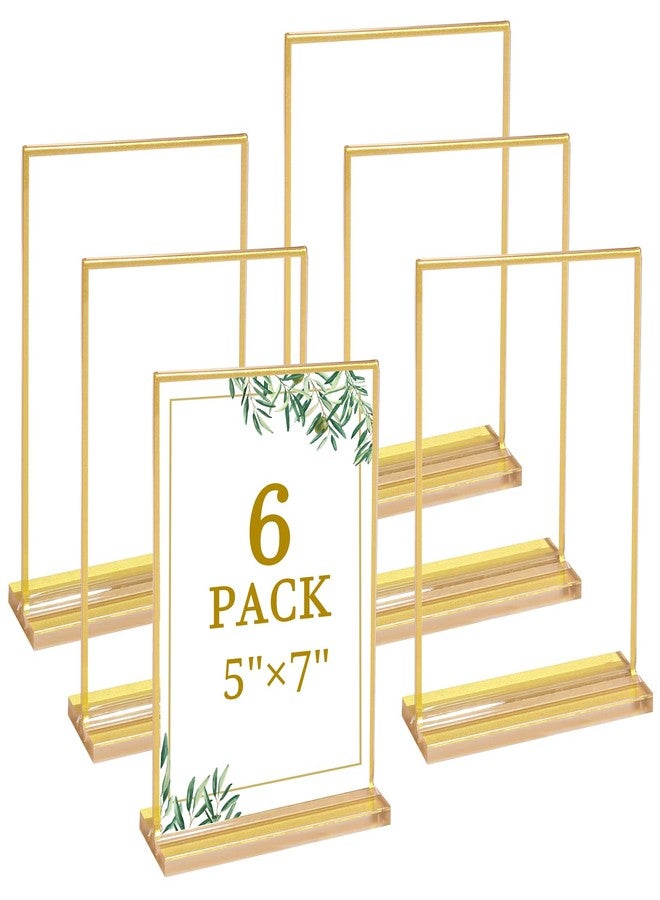Floroom 6 Pack 5x7 Inch Clear Acrylic Sign Holders, Double-Sided Gold Display Stand Picture Frames for Table Numbers, Menus, Flyers, Weddings, and Offices - Image 1