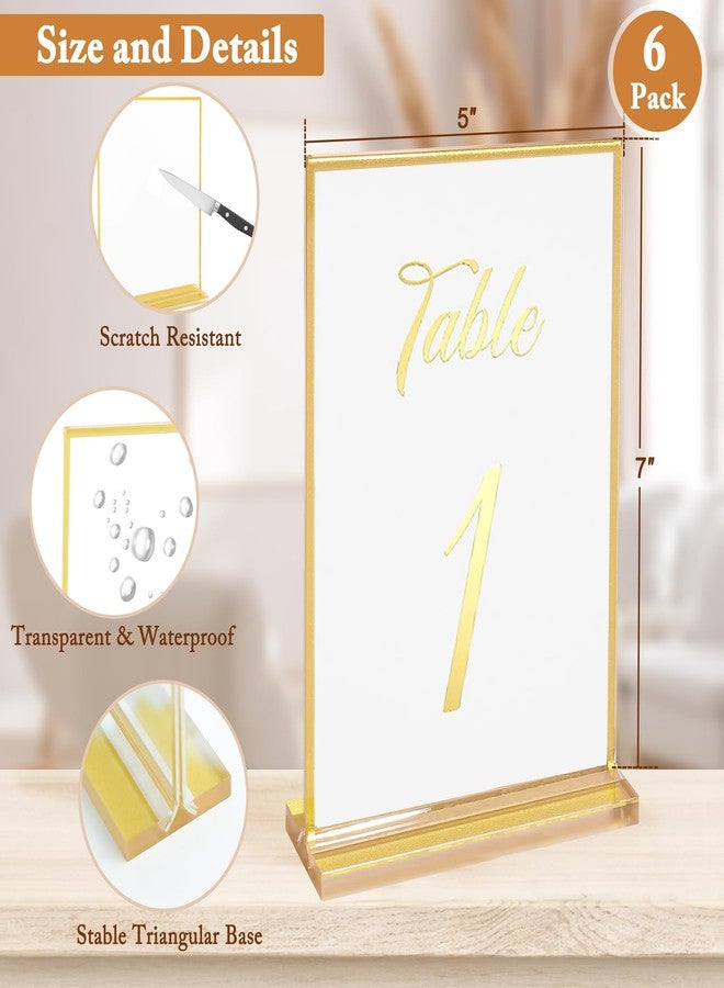 Floroom 6 Pack 5x7 Inch Clear Acrylic Sign Holders, Double-Sided Gold Display Stand Picture Frames for Table Numbers, Menus, Flyers, Weddings, and Offices - Image 2