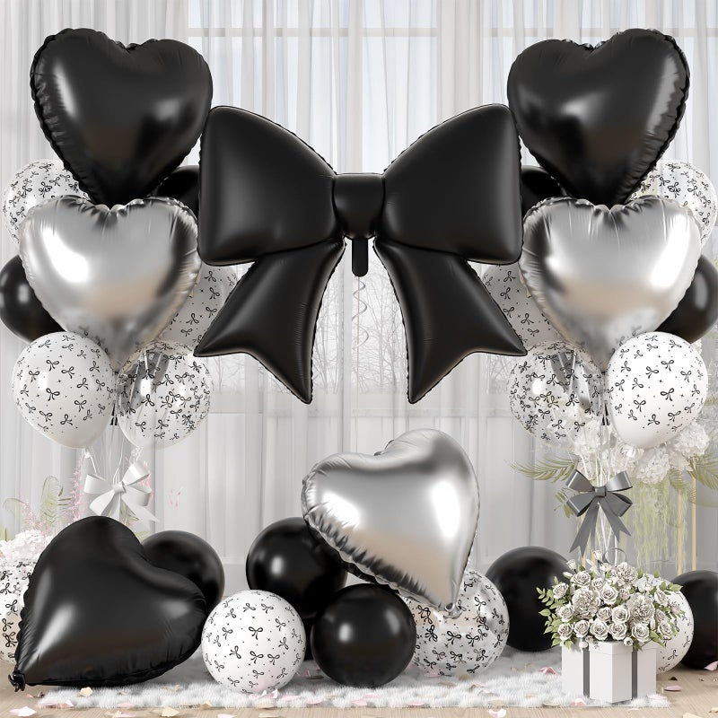 Vibzox Black Bow Foil BalloonsBlack Silver Heart Foil Balloons and Bow Print Balloons for Women Birthday Baby Shower Valentines Day Party Decorations - Image 3