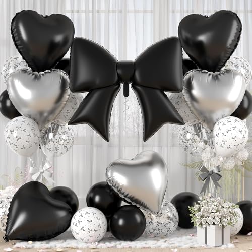 Vibzox Black Bow Foil BalloonsBlack Silver Heart Foil Balloons and Bow Print Balloons for Women Birthday Baby Shower Valentines Day Party Decorations - Image 1