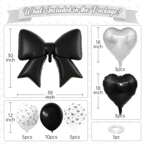 Vibzox Black Bow Foil BalloonsBlack Silver Heart Foil Balloons and Bow Print Balloons for Women Birthday Baby Shower Valentines Day Party Decorations - Image 5