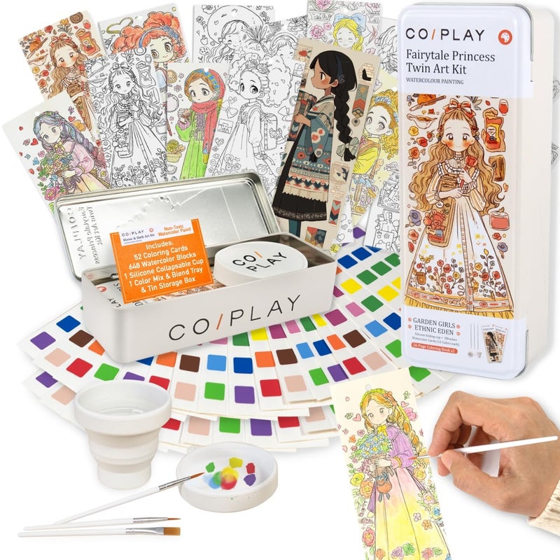 COIPLAY 648 Color Blocks Watercolor Paint Set 52Bookmarks 3 Brushes Silicone Cup Fairytale Princess Coloring Books for All Ages TravelFriendly Easy to Use All in One Art Supplies Craft kit - Image 2