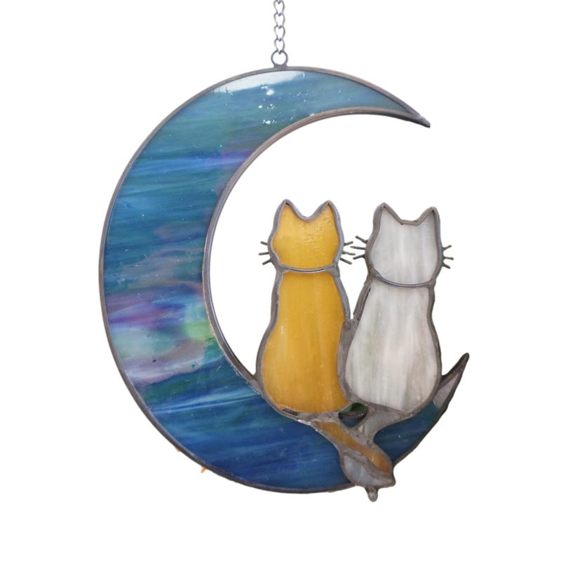 Cat Stained Glass Suncatcher  Cat on Moon Real Glass Window Hanging  Unique Modern Design Wall Art for Home or Garden Dcor  Perfect Feline Lover Gift