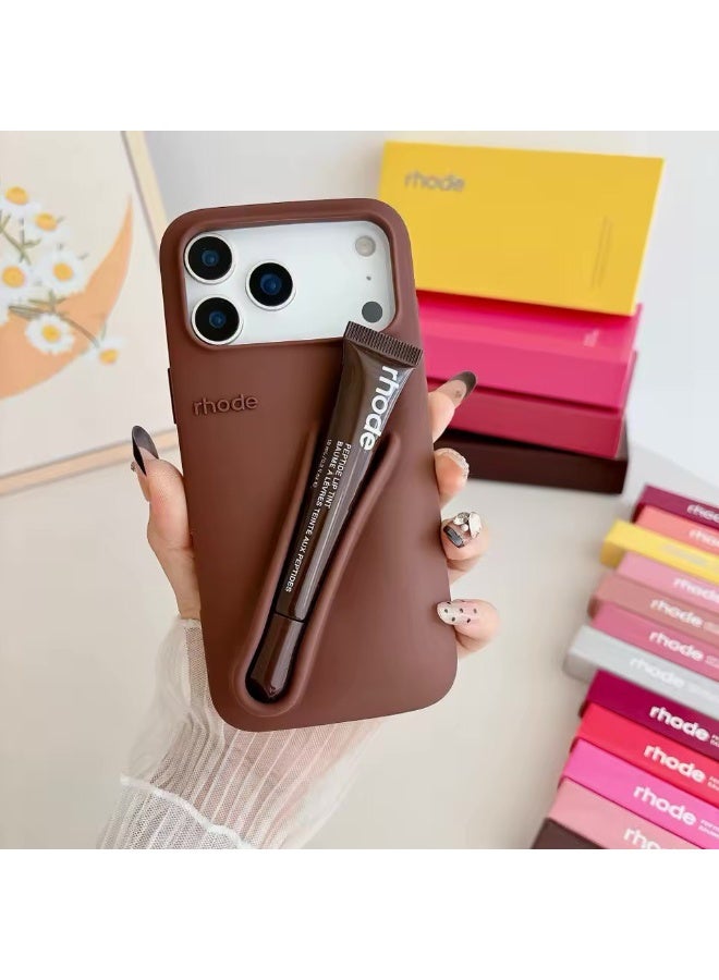 rhode Glossy Lip Phone Case with Lipstick Color for iPhone, Liquid Silicone Camera Protection Cover, Glossy Lipstick Case for iPhone 17 Pro Max (Espresso)