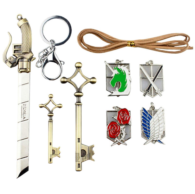 DoubleChin AOT Shingeki No Kyojin Wall Maria Rose Sina Gold Badge Dual Weapon Sword Blade Pendant Charm Necklace Eren's Key Keychain Cosplay Accessory Jewelry Set in a Collection Box - Image 3