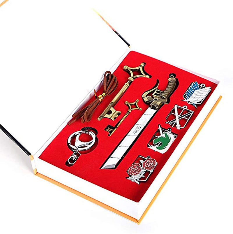 DoubleChin AOT Shingeki No Kyojin Wall Maria Rose Sina Gold Badge Dual Weapon Sword Blade Pendant Charm Necklace Eren's Key Keychain Cosplay Accessory Jewelry Set in a Collection Box - Image 5