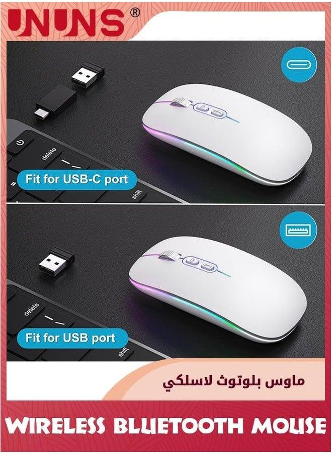UNUNS LED Wireless Bluetooth Mouse,Rechargeable Slim Silent Laptop Mouse,Portable BT5.2+2.4G USB Receiver Dual Mode Computer Mice,3 Adjustable DPI,Mouse For Notebook Tablet Phone,White  - Image 4