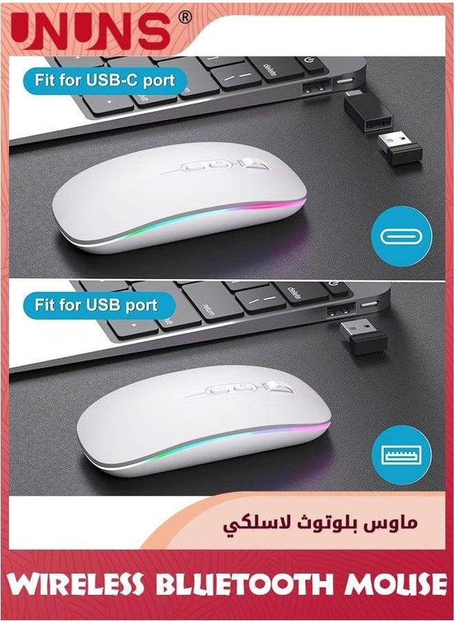 UNUNS LED Wireless Bluetooth Mouse,Rechargeable Slim Silent Laptop Mouse,Portable BT5.2+2.4G USB Receiver Dual Mode Computer Mice,3 Adjustable DPI,Mouse For Notebook Tablet Phone,White  - Image 5