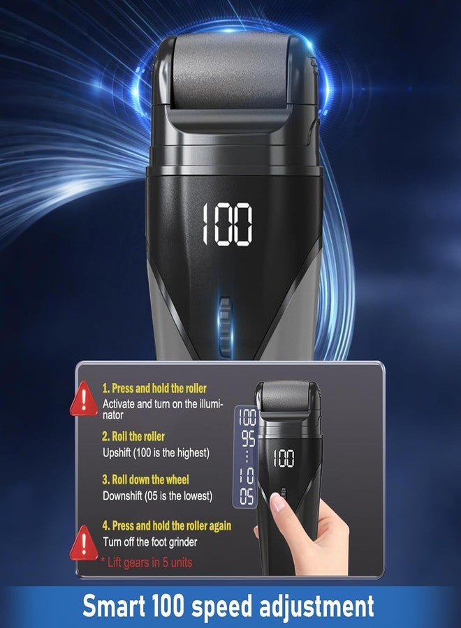 US1984 مزيل الجلد الميت مع 3 رؤوس رول قابلة للتبديل، قابلة لإعادة الشحن، نوع-C، شاشة LED، إزالة الجلد الميت والجلد الميت، 100 إعداد سرعة، العناية بالقدم، أسود - Image 5