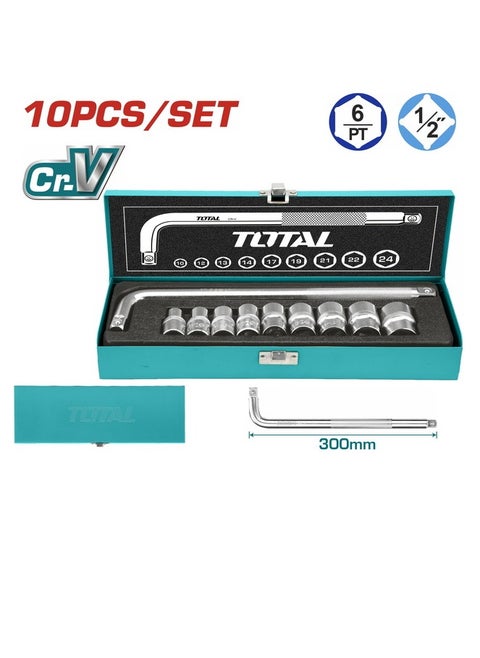 Total 10 Pcs 1/2" Socket Set Tool Box - Durable Cr-V DR. Sockets & L-Bar for Mechanics and DIY Enthusiasts