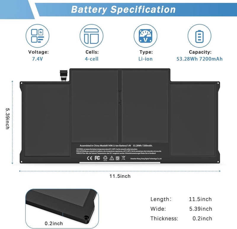 FACTOTECH Replacement Battery for MacBook Air 13" (2010-2017) – Compatible with A1466, A1496, A1369, A1405, A1377 [7150mAh / 54.4Wh / 7.6V] - Image 3