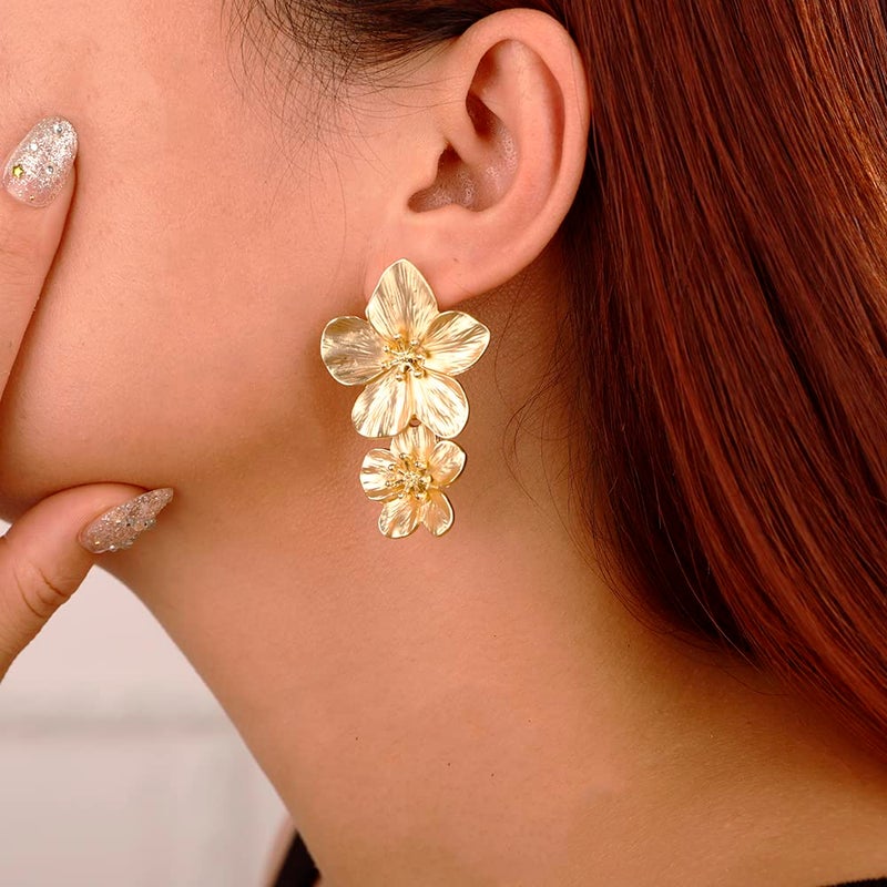 Wiwpar Large Double Flower Earrings for Women Boho Statement Flower Earrings Bohemian Elegant Chic Flower Dangle Earrings Unique Flower Earrings - Image 4