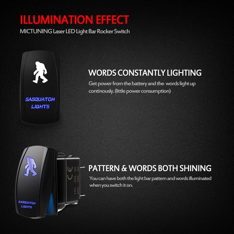 MicTuning ACSSB Laser On-Off Rocker Switch with Jumper Wire, 5 Pin, 20 Amp, 12V, LED Lights, Sasquatch Light, Blue - Image 2