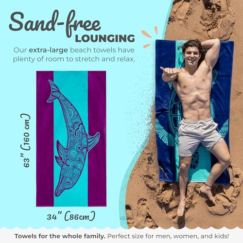 Nova Blue Dolphin Beach Towel – Tropical Blue & Purple Colors with A Unique Design, Extra Large, XL, Pool Towels (34”x 63”) Made from 100% Cotton - Image 3