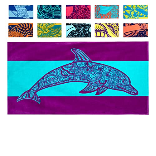 Nova Blue Dolphin Beach Towel – Tropical Blue & Purple Colors with A Unique Design, Extra Large, XL, Pool Towels (34”x 63”) Made from 100% Cotton - Image 1