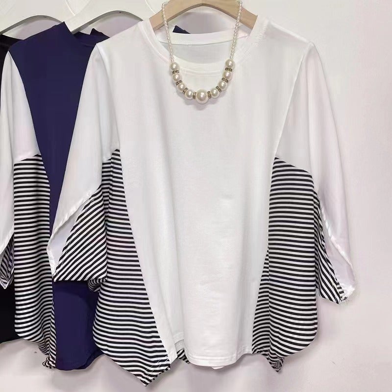2023 Short-Sleeved Large Size T-Shirt Women'S Fresh Style Fashionable Korean Style Age-Reducing Flying Stripes - Image 1