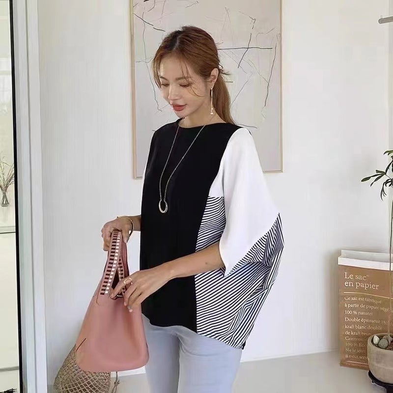 2023 Short-Sleeved Large Size T-Shirt Women'S Fresh Style Fashionable Korean Style Age-Reducing Flying Stripes - Image 2