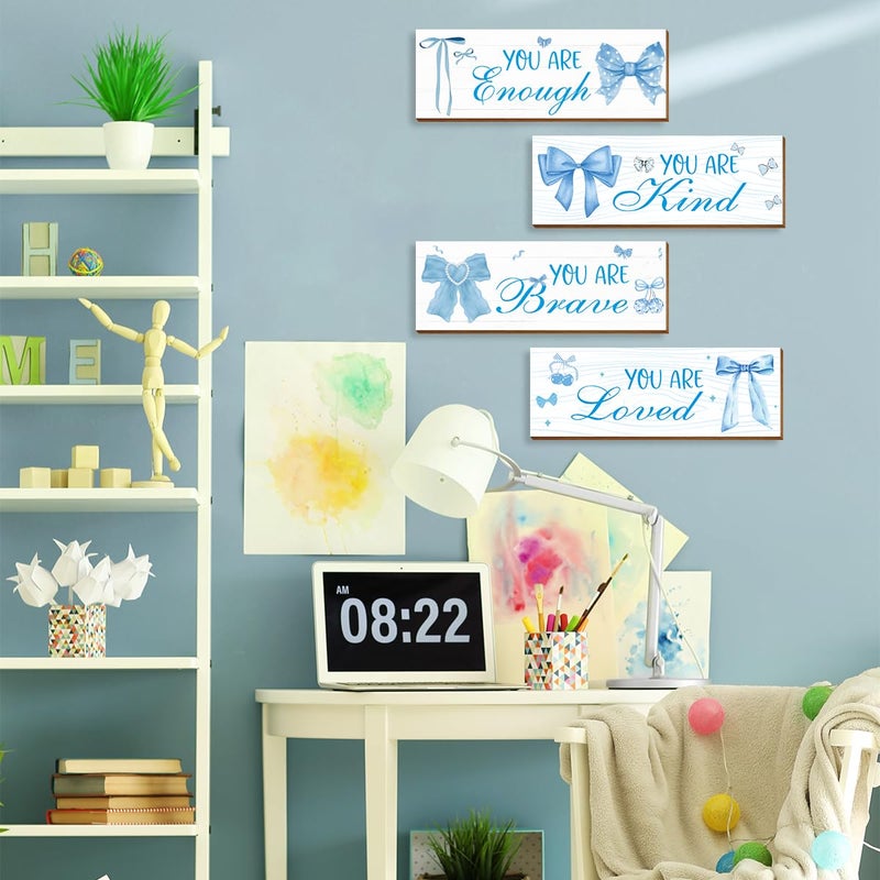 Riletese 4 Pcs Blue Coquete Bow Room Decor, Teen Girls Trendy Preppy Wall Art Aesthetic for Bedroom Bathroom Decor, Inspirational Positive Affirmations - Image 3