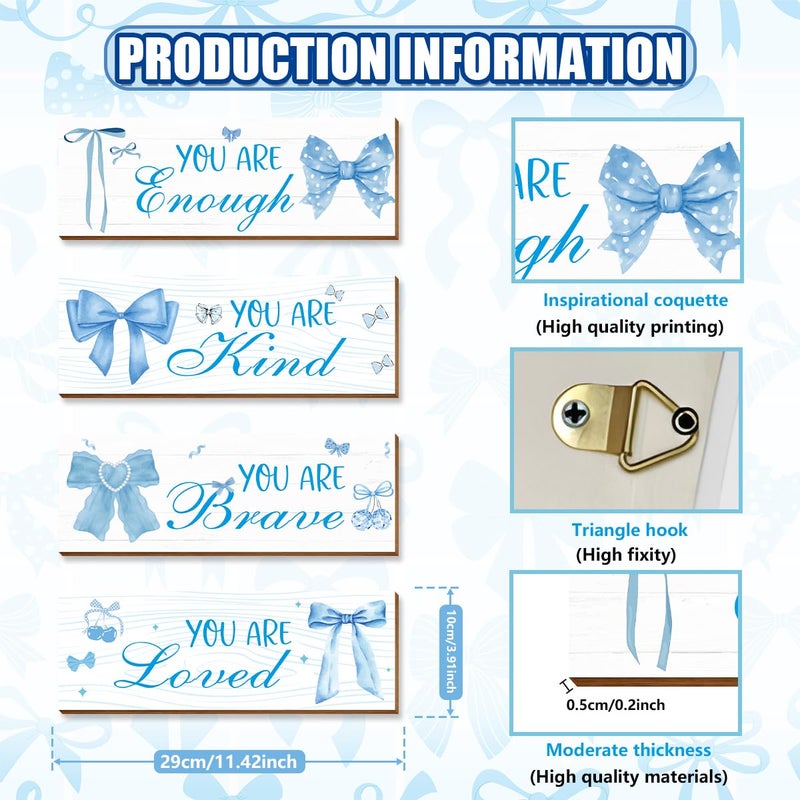 Riletese 4 Pcs Blue Coquete Bow Room Decor, Teen Girls Trendy Preppy Wall Art Aesthetic for Bedroom Bathroom Decor, Inspirational Positive Affirmations - Image 2
